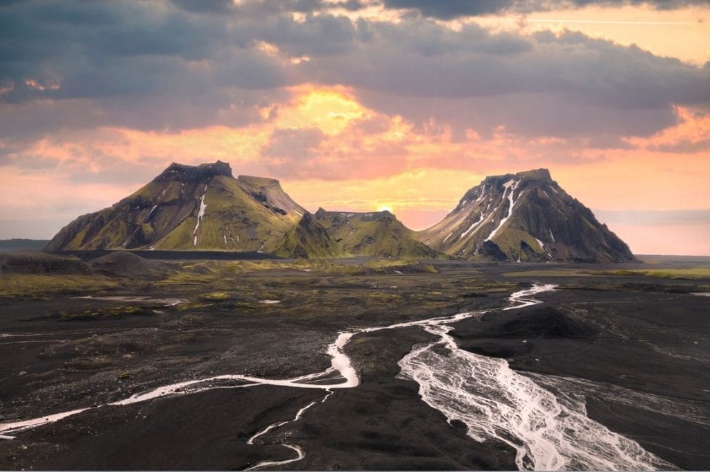 sunset at Myrdalsjokull glacier, Katla Ice Cave tour, tour to the ice cave under the volcano glacier