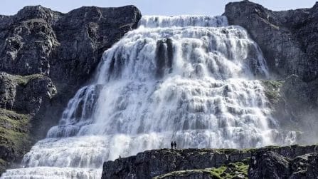 two people standing in front of Dynjandi Westfjords Iceland, Cruise ship tour to Dynjandi waterfall, Isafjordur cruise tour, Isafjordur shore excursion