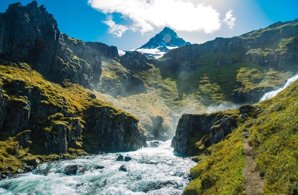 Klifbrekkufossar multi layer waterfalls in Mjoifjordur east Iceland