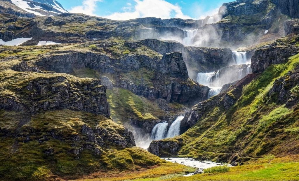 Klifbrekkufossar multi layer waterfalls in Mjoifjordur east Iceland