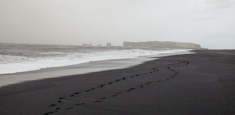 Reynisfjara black sand beach with views over to Dyrhólaey in South Iceland