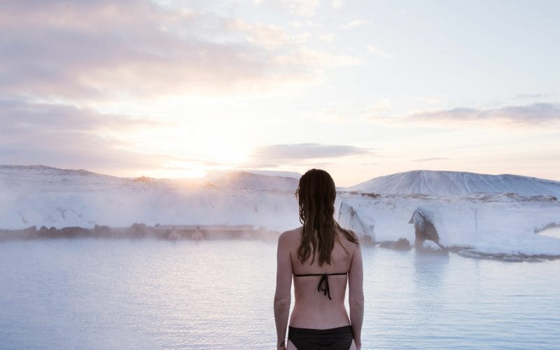 a woman in a couple in Myvatn Nature Baths in north Iceland hot spring
