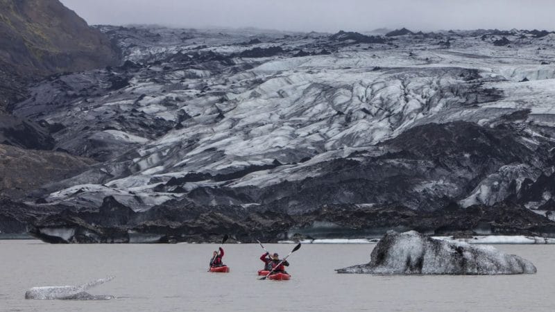 Glacier Kayaking on Sólheimajökull glacier lagoon in south Iceland