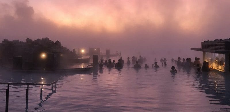 pink hour sunset at the Blue Lagoon in Iceland