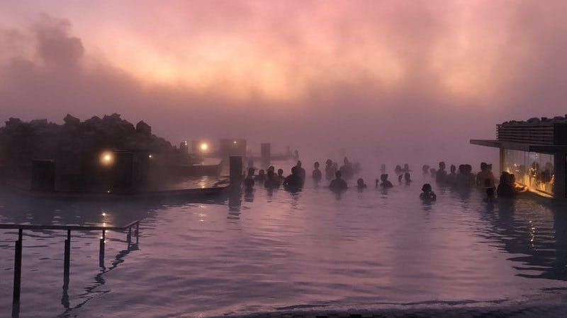 pink hour sunset at the Blue Lagoon in Iceland