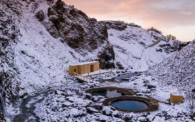 Giljaböð hot springs in the winter in the highlands of Iceland from Húsafell