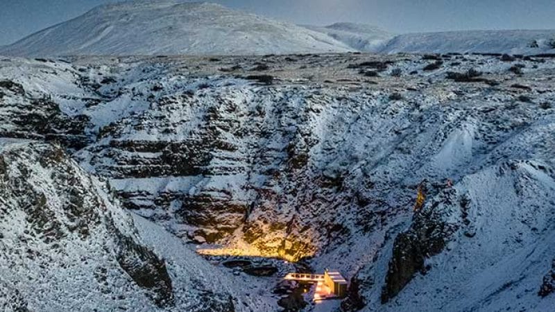Giljaböð hot springs in the winter in the highlands of Iceland from Húsafell