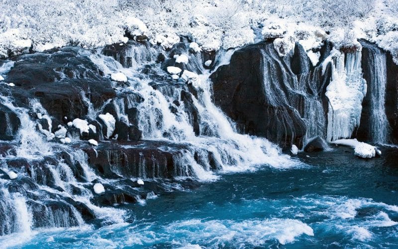 Hraunfossar waterfalls during winter