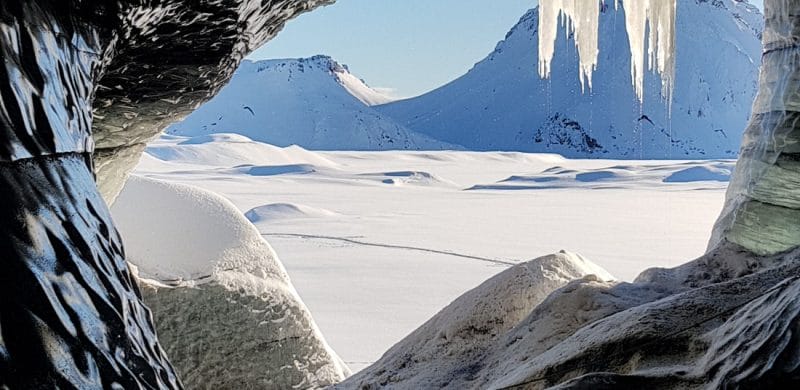 winter view over the highlands of Iceland from Katla Ice Cave under the volcano glacier