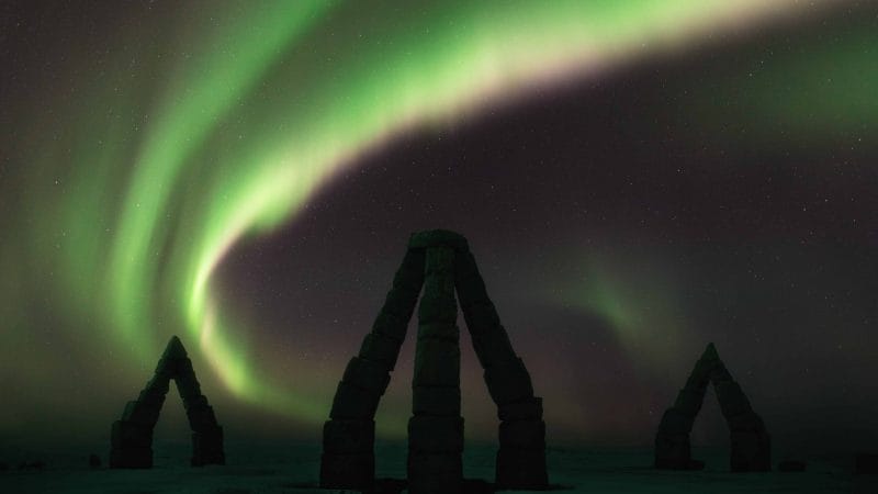 northern lights over Arctic Henge in Raufarhofn in north Iceland, the arctic coast way in Iceland