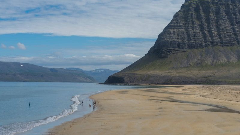 beach in Bíldudalur fishing village in westfjords of Iceland