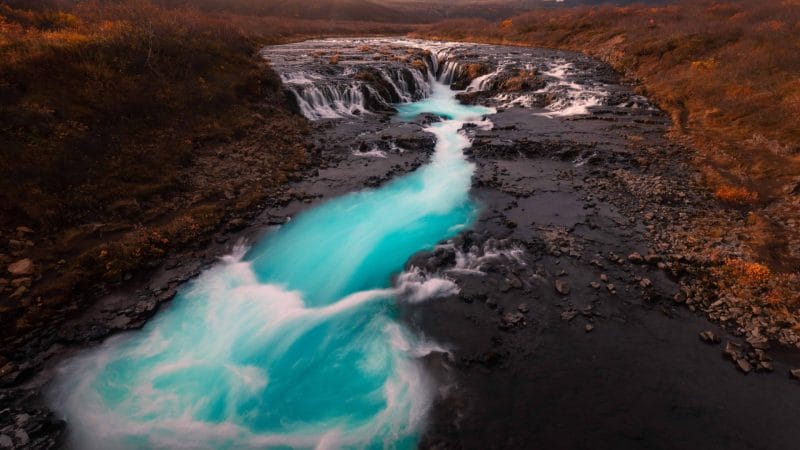 Brúarfoss waterfall in golden circle in Iceland, hidden waterfall in Iceland