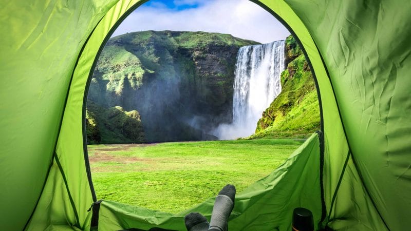 camping at Skógafoss waterfall in south Iceland
