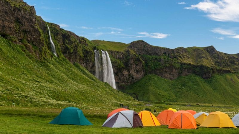 Camping at Seljalandsfoss in south Iceland
