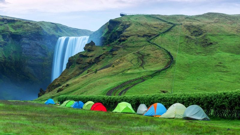camping at Skógafoss waterfall in south Iceland