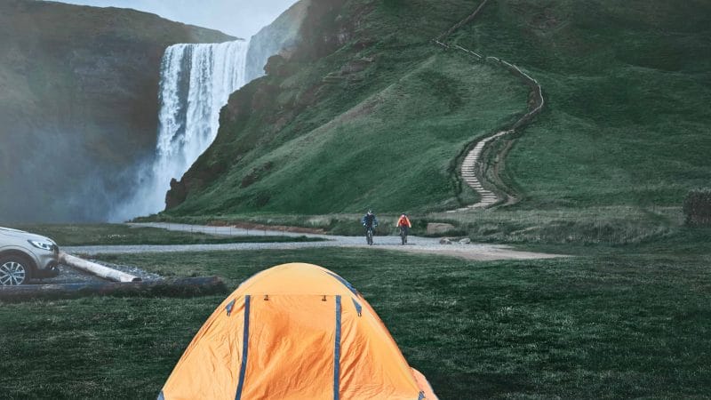 camping at Skógafoss waterfall in south Iceland