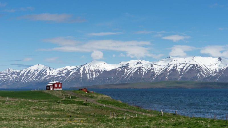 red house standing alone in the summer in Dalvík village in north Iceland