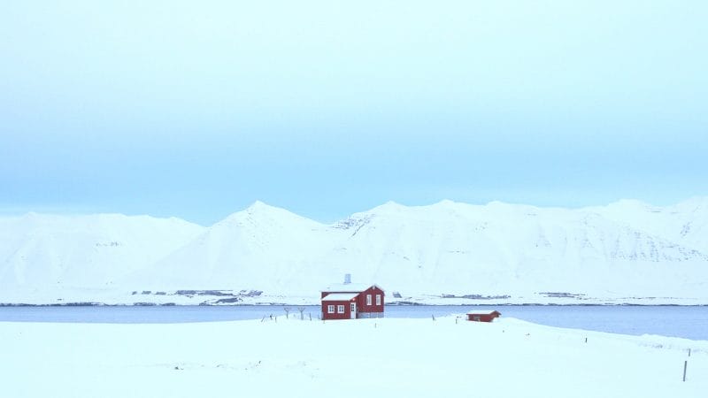 red house standing alone in the snow in Dalvík village in north Iceland