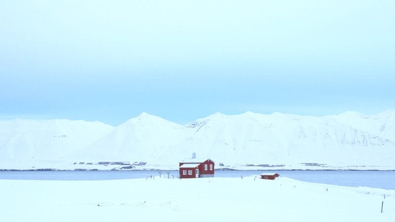 red house standing alone in the snow in Dalvík village in north Iceland