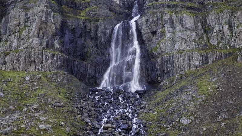 waterfall in Djúpavík in Westfjords of Iceland