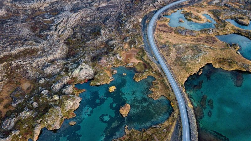 Drone flying in Iceland, road in Iceland seen from a drone