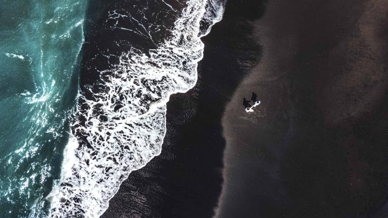 Drone flying in Iceland, Black sand beach in Iceland seen from a drone