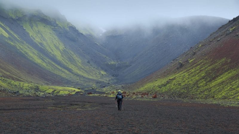 woman hiking in Eldgjá Crater in the highlands of Iceland