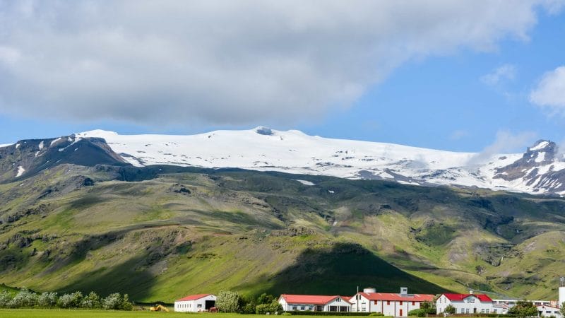 the farm in front of Eyjafjallajokull volcano and mountain in Iceland