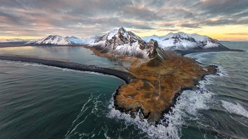 drone shot of Eystrahorn mountain in East Iceland