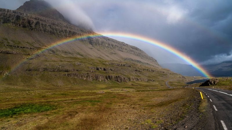 rainbow in Fáskrúðsfjörður village in Eastfjords of Iceland