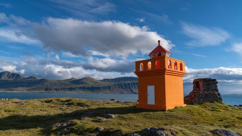 lighthouse in Fáskrúðsfjörður village in Eastfjords of Iceland