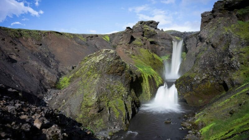 waterfall on the Fimmvorduhals hiking trail in the highlands of Iceland