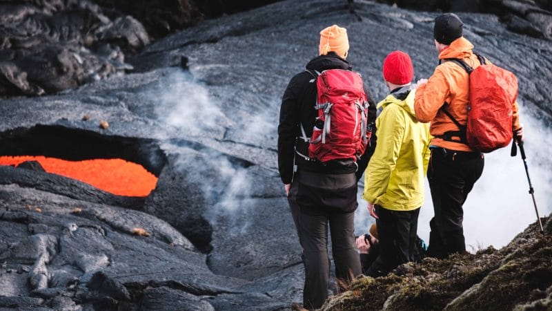 active volcano tour, people exploring the Geldingadalur erupting volcano in Iceland