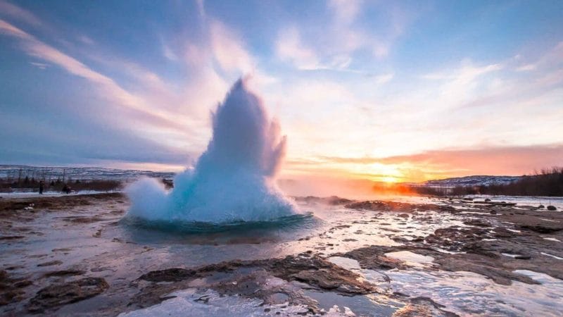 Golden Circle Tours, sunset at Geysir geothermal area in the Golden Circle