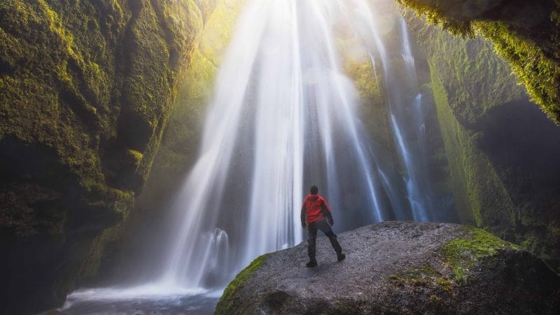 Beautiful hidden waterfall in a gorge in south Iceland - Gljúfrabúi