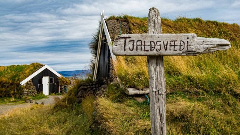 turf house at Grettislaug hot spring in north Iceland, campsite in iceland, tjaldsvæði