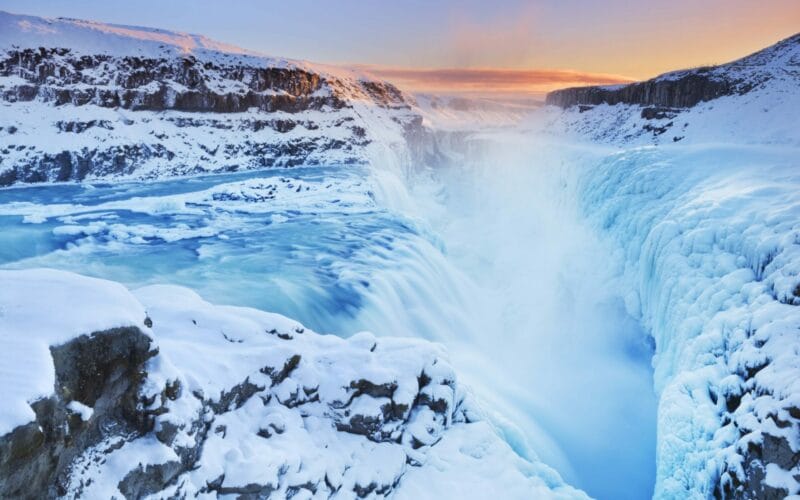 Iceland Must See - Gullfoss waterfall in Golden Circle Iceland, winter and snow at Gullfoss in Iceland