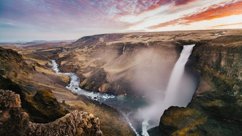 sunset at Háifoss waterfall in Golden Circle Iceland