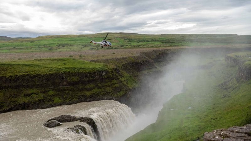 Helicopter Tour of Iceland, Iceland Helicopter Ride, Helicopter at Gullfoss waterfall in Iceland
