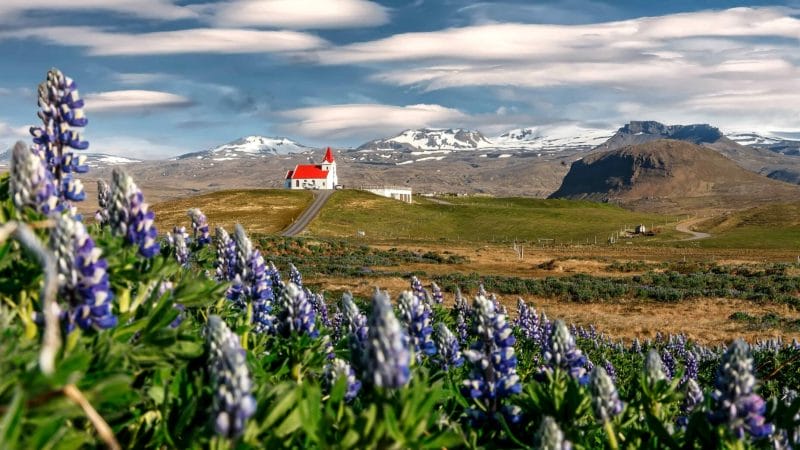 Hellissandur church and Snæfellsjokull glacier in Snæfellsnes Peninsula