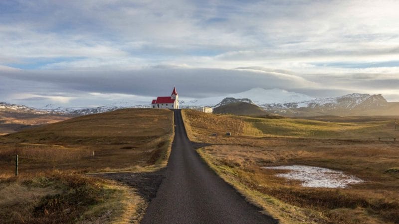 Hellissandur church and Snæfellsjokull glacier in Snæfellsnes Peninsula