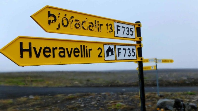 road signs to Hveravellir geothermal area in the highlands of Iceland