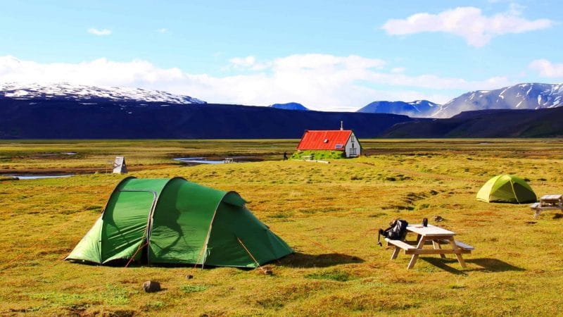camping in the highlands of Iceland near Hvítárvatn glacier lagoon