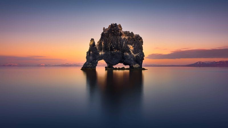 sunset at Hvítserkur cliff in north Iceland