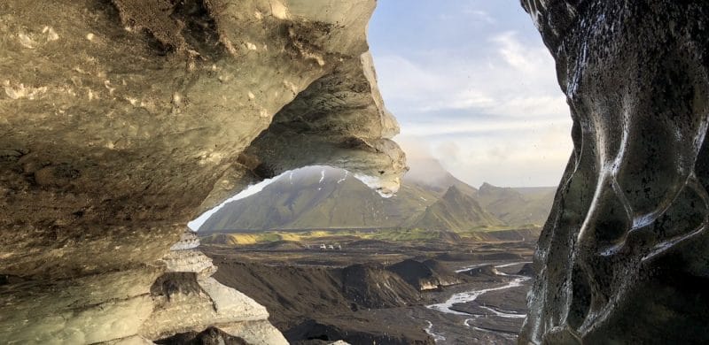 view over the highlands from Katla Ice Cave under the volcano glacier