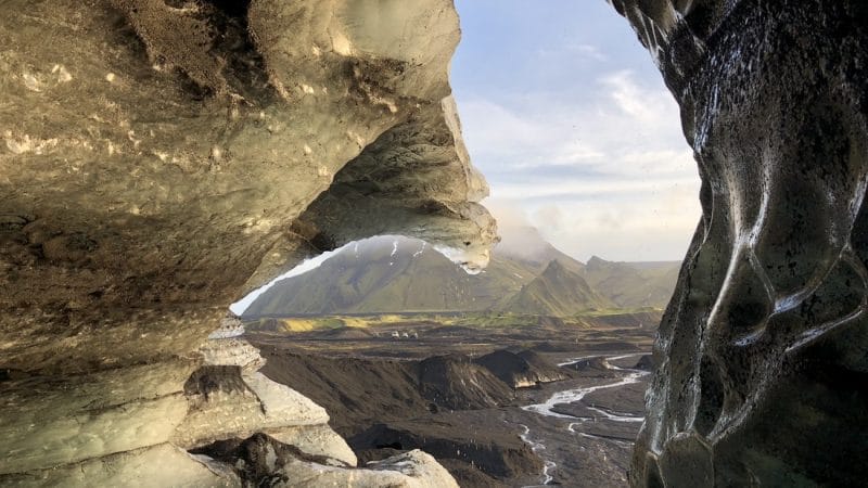 view over the highlands from Katla Ice Cave under the volcano glacier