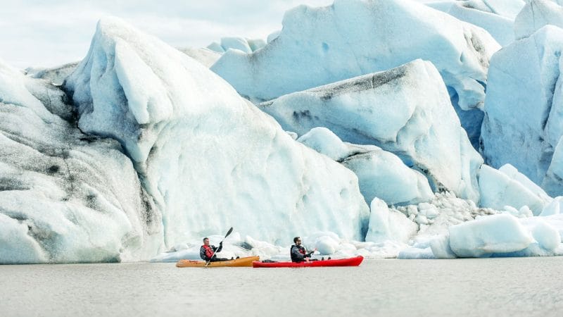 Glacier Lagoon Kayaking in Iceland, kayaking between icebergs