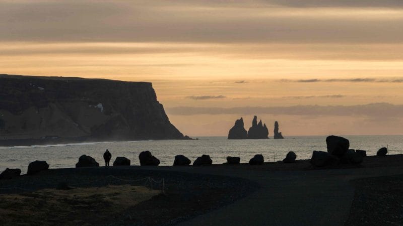 Black Sand Beach Tour, Kirkjufjara black sand beach and Eagle Rock in south Iceland with views over to Reynisfjara and Reynisdrangar