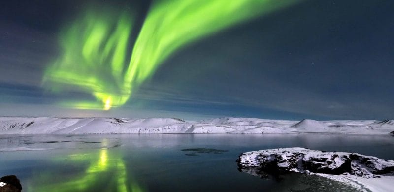 northern lights over Kleifarvatn Lake in Reykjanes Peninsula Iceland