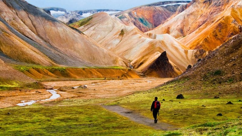 Hiking in Landmannalaugar in the highlands of Iceland, Brennisteinsalda Mountain in Landmannalaugar